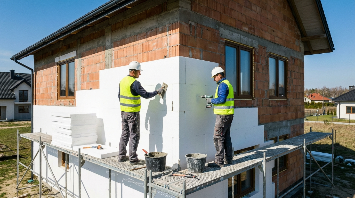 Montaż ocieplenia styropianem na ścianie domu — termomodernizacja